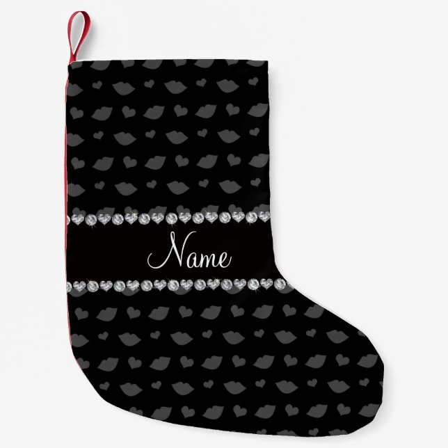 Personalized name black lips and hearts pattern small christmas stocking (Front)