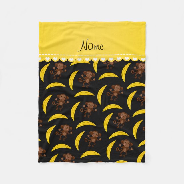 Personalized name black monkey bananas fleece blanket (Front)