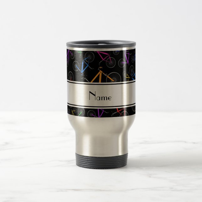 Personalized name black mountain bikes travel mug (Center)
