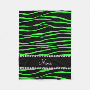 Personalized name black neon green zebra stripes fleece blanket