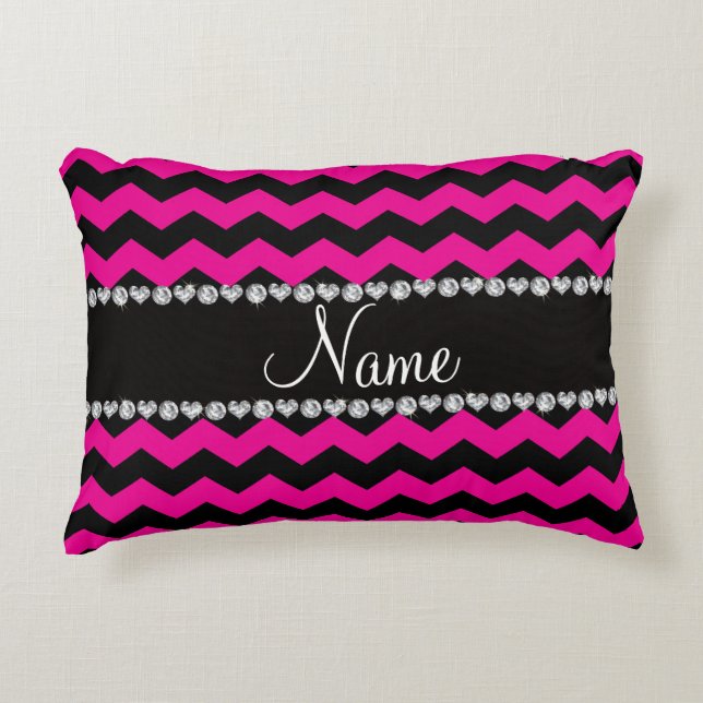 Personalized name black neon hot pink chevrons decorative pillow (Front)