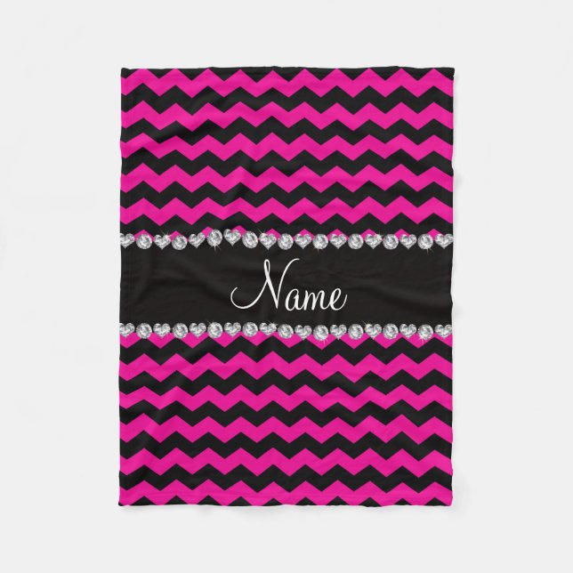 Personalized name black neon hot pink chevrons fleece blanket (Front)