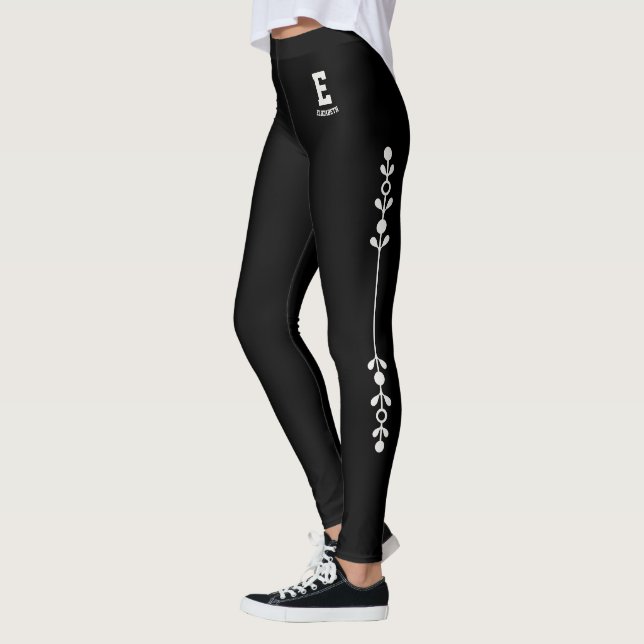 Personalized Name Black Neutral Flowers Monogram Leggings (Left)