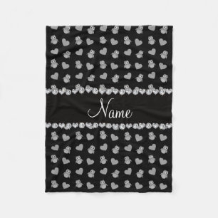 Personalized name black owl hearts fleece blanket
