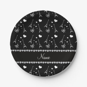 Personalized name black paris eiffel tower paper plate