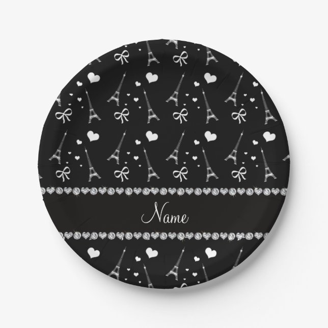 Personalized name black paris eiffel tower paper plate (Front)