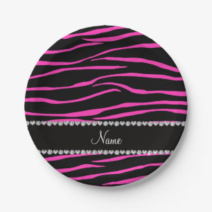 Personalized name black pink zebra stripes paper plate