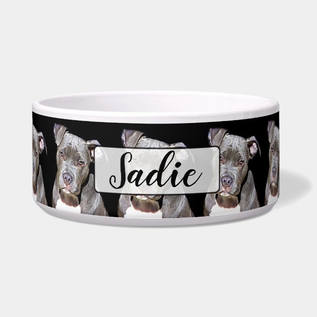 Personalized Name Black Pit bull  Dog Bowl (Front)