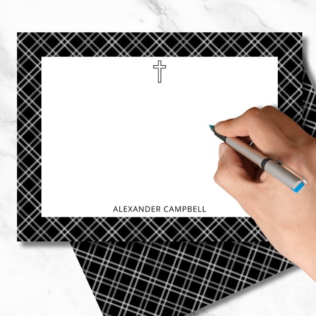 Personalized Name Black Plaid Christian Cross Card (Creator Uploaded)