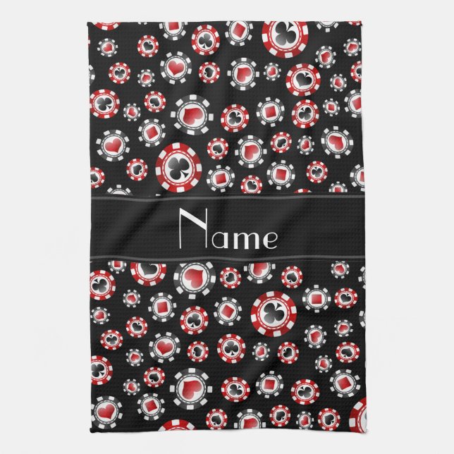 Personalized name black poker chips kitchen towel (Vertical)