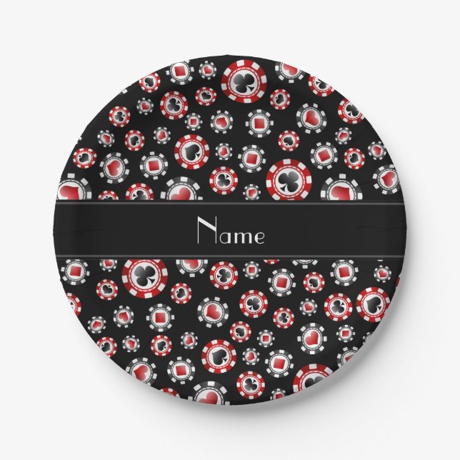Personalized name black poker chips paper plate (Front)