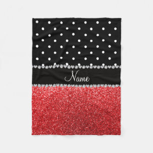 Personalized name black polka dots red glitter fleece blanket