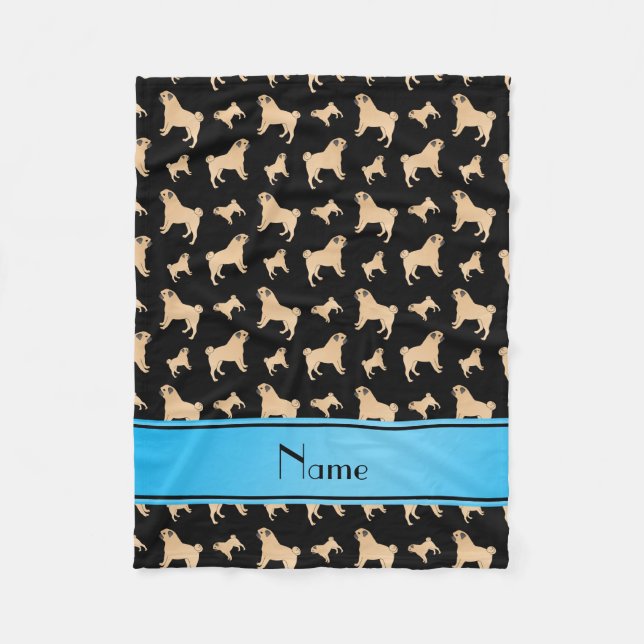 Personalized name black Pug dogs Fleece Blanket (Front)
