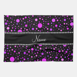 Personalized name black purple polka dots kitchen towel