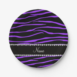 Personalized name black purple zebra stripes paper plate