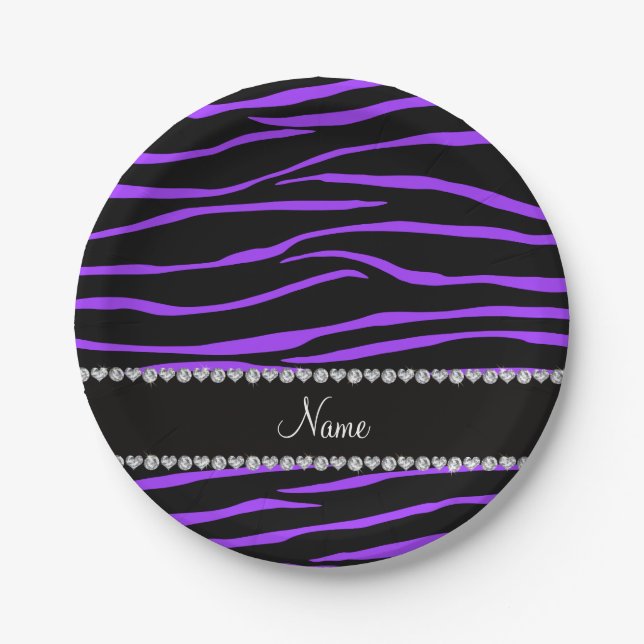 Personalized name black purple zebra stripes paper plate (Front)