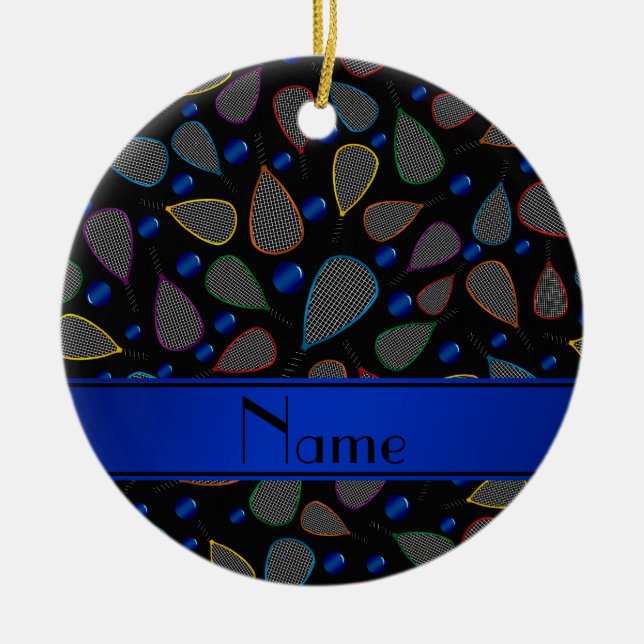 Personalized name black racquetball pattern ceramic ornament (Front)