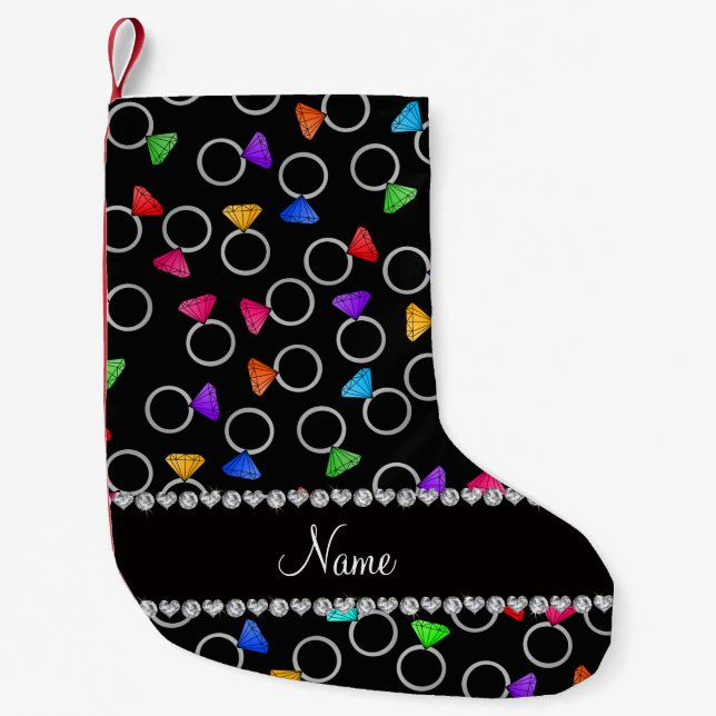 Personalized name black rainbow diamond rings small christmas stocking (Front)