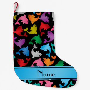 Personalized name black rainbow dolphins small christmas stocking