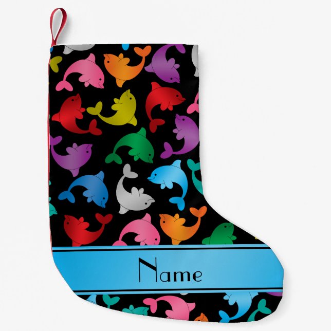 Personalized name black rainbow dolphins small christmas stocking (Front)
