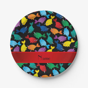 Personalized name black rainbow narwhals paper plate