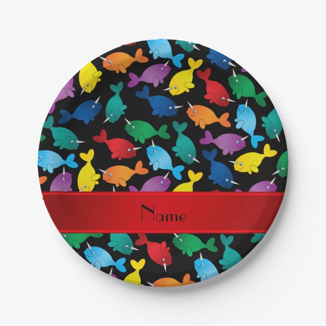Personalized name black rainbow narwhals paper plate (Front)