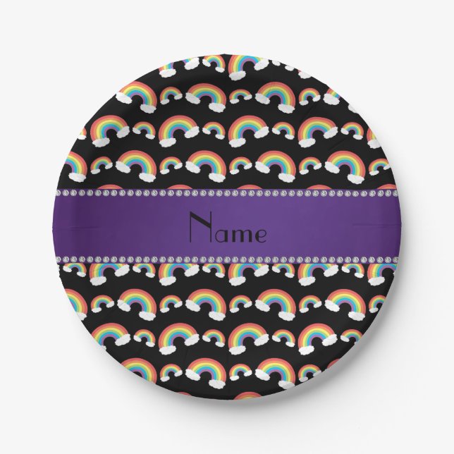 Personalized name black rainbows pattern paper plate (Front)