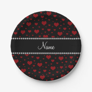 Personalized name black red hearts paper plate