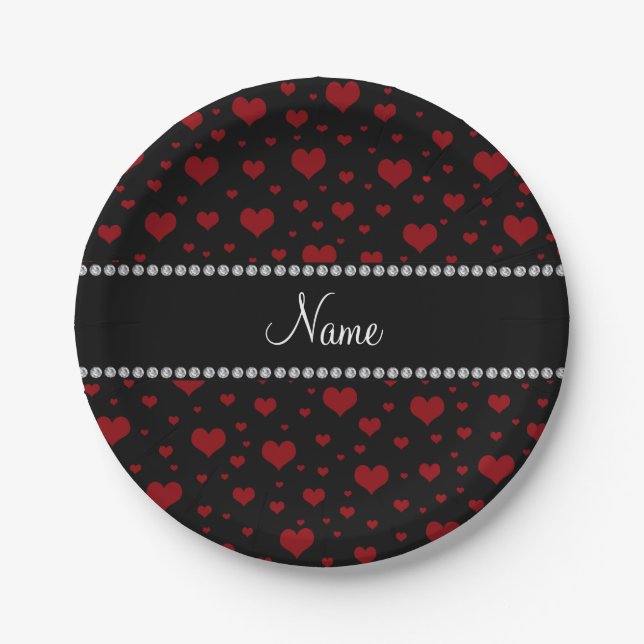 Personalized name black red hearts paper plate (Front)
