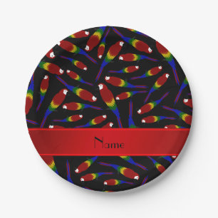 Personalized name black red parrots paper plate