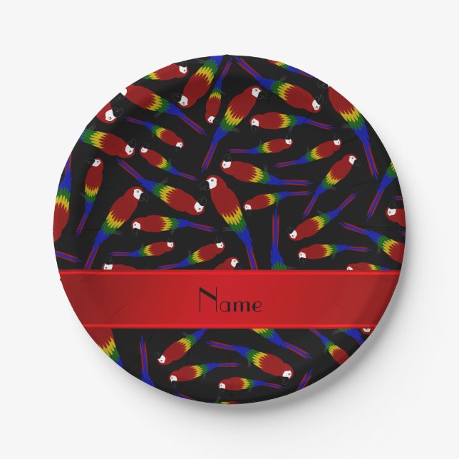 Personalized name black red parrots paper plate (Front)