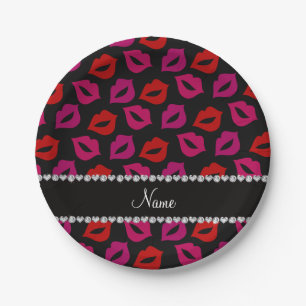 Personalized name black red pink lips paper plate