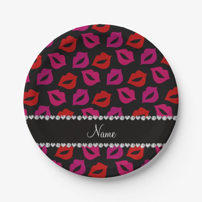 Personalized name black red pink lips paper plate (Front)