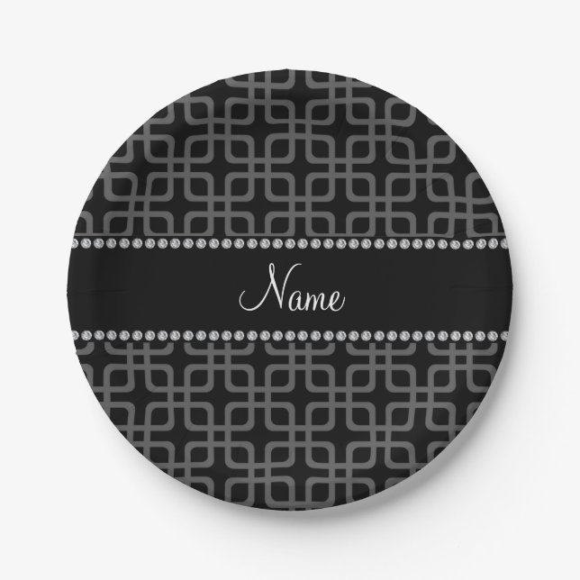 Personalized name black retro squares paper plate (Front)