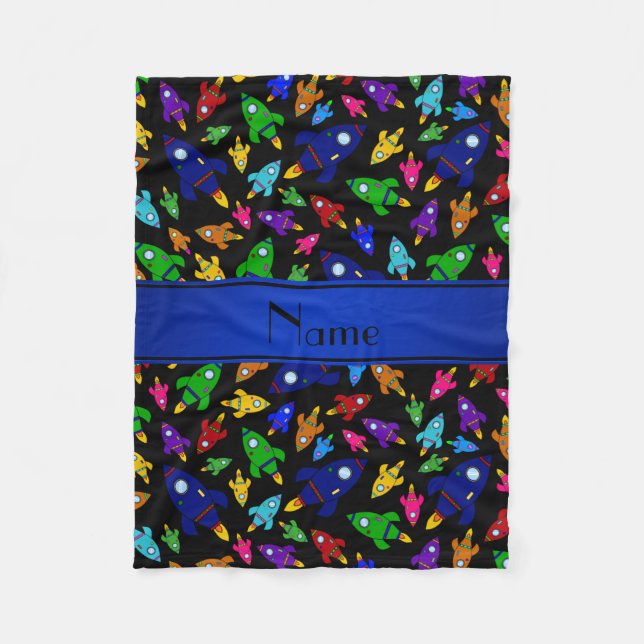 Personalized name black rocket ships fleece blanket (Front)