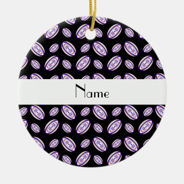 Personalized name black rugby balls ceramic ornament (Front)