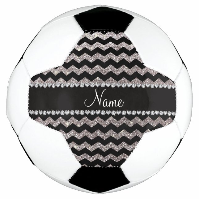 Personalized name black silver glitter chevrons soccer ball (Front)
