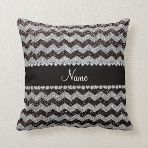 Personalized name black silver glitter chevrons throw pillow