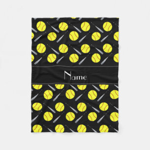Personalized name black softball pattern fleece blanket