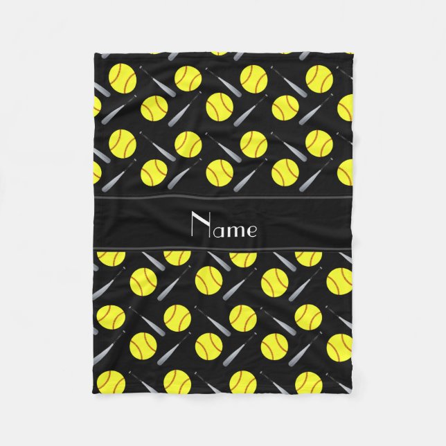Personalized name black softball pattern fleece blanket (Front)