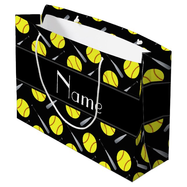Personalized name black softball pattern large gift bag (Back Angled)
