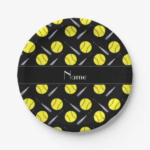 Personalized name black softball pattern paper plate