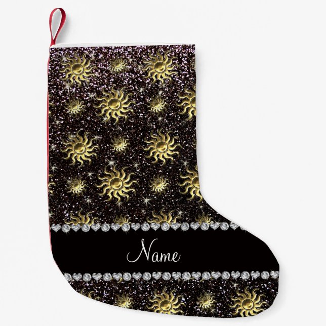Personalized name black suns small christmas stocking (Front)