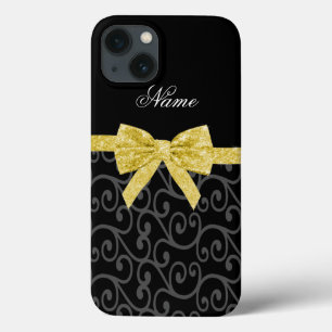 Personalized name black swirls gold glitter bow iPhone 13 case