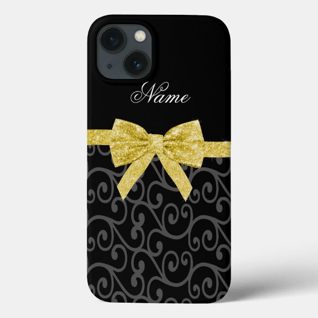 Personalized name black swirls gold glitter bow Case-Mate iPhone case (Back)