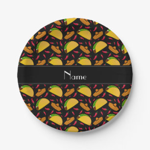 Personalized name black tacos sombreros chilis paper plate