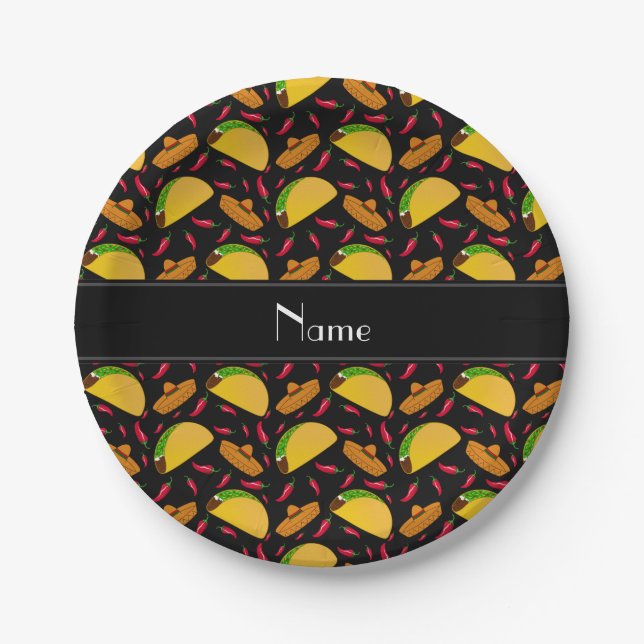Personalized name black tacos sombreros chilis paper plate (Front)