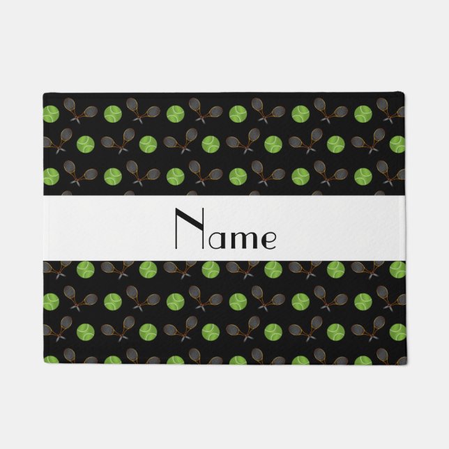Personalized name black tennis balls doormat (Front)