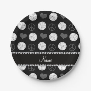 Personalized name black volleyballs peace hearts paper plate