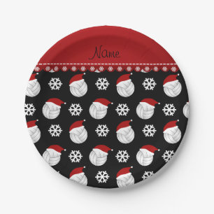 Personalized name black volleyballs santa hats paper plate